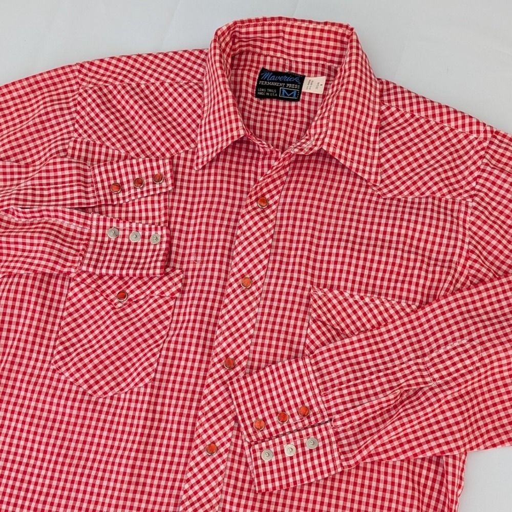 Maverick Vintage Western Pearl Snap Shirt Mens M Red‎ Gingham Plaid USA Cowboy